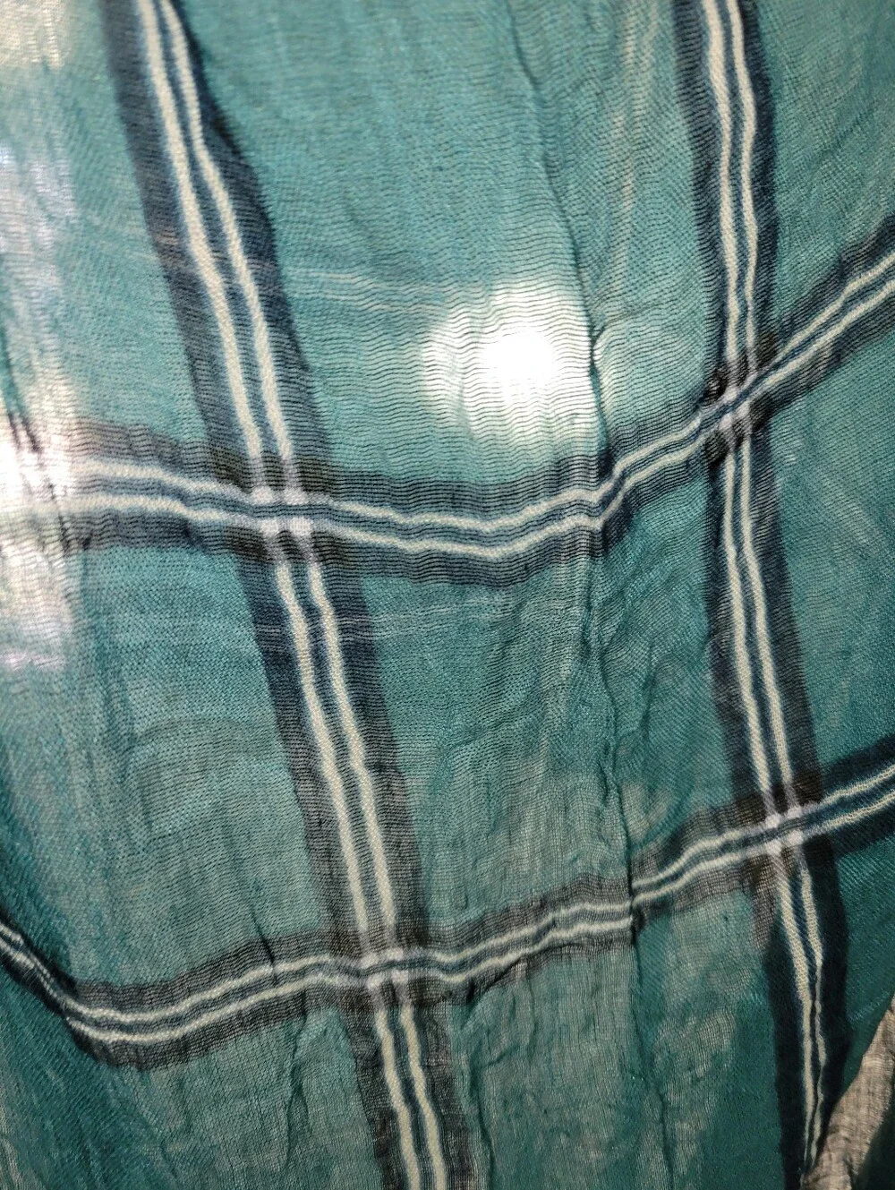 Teal/Blue/White Plaid Lightweight Scarf Wrap Fringe Hem 22